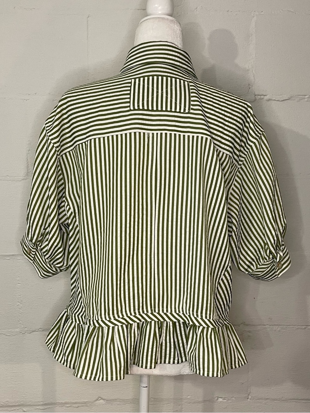 Striped Ruffle Hem Button-Up Blouse - Olive/White - Picture 2 of 3